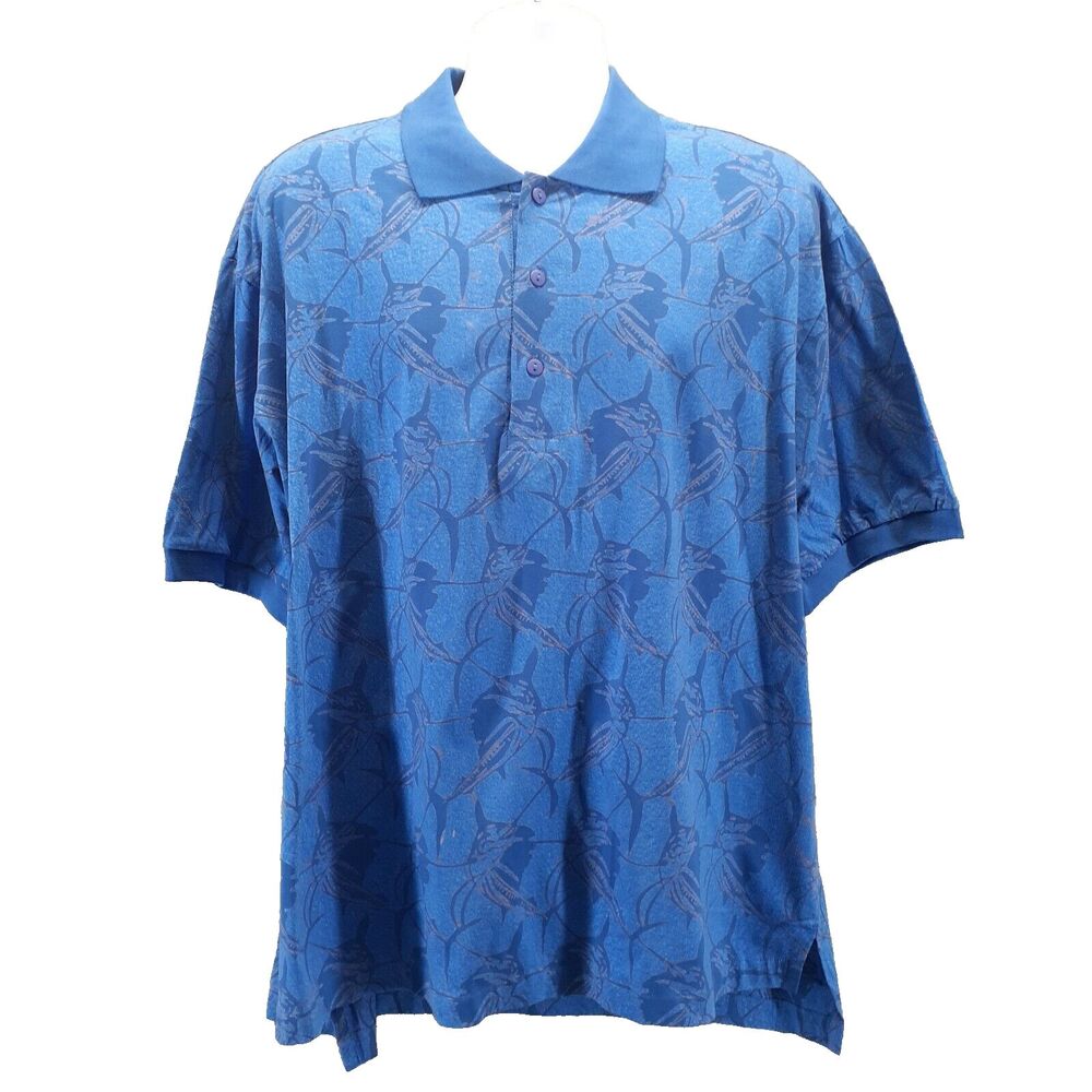 Orvis Men Sz XL Sporting Traditions Marlin Fish Blue Short Sleeve Polo Shirt